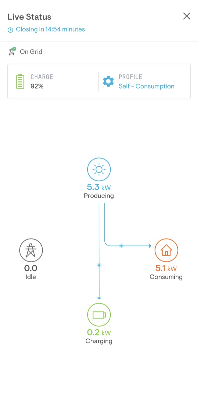 Enphase app live status showing real-time production, consumption, grid, and battery