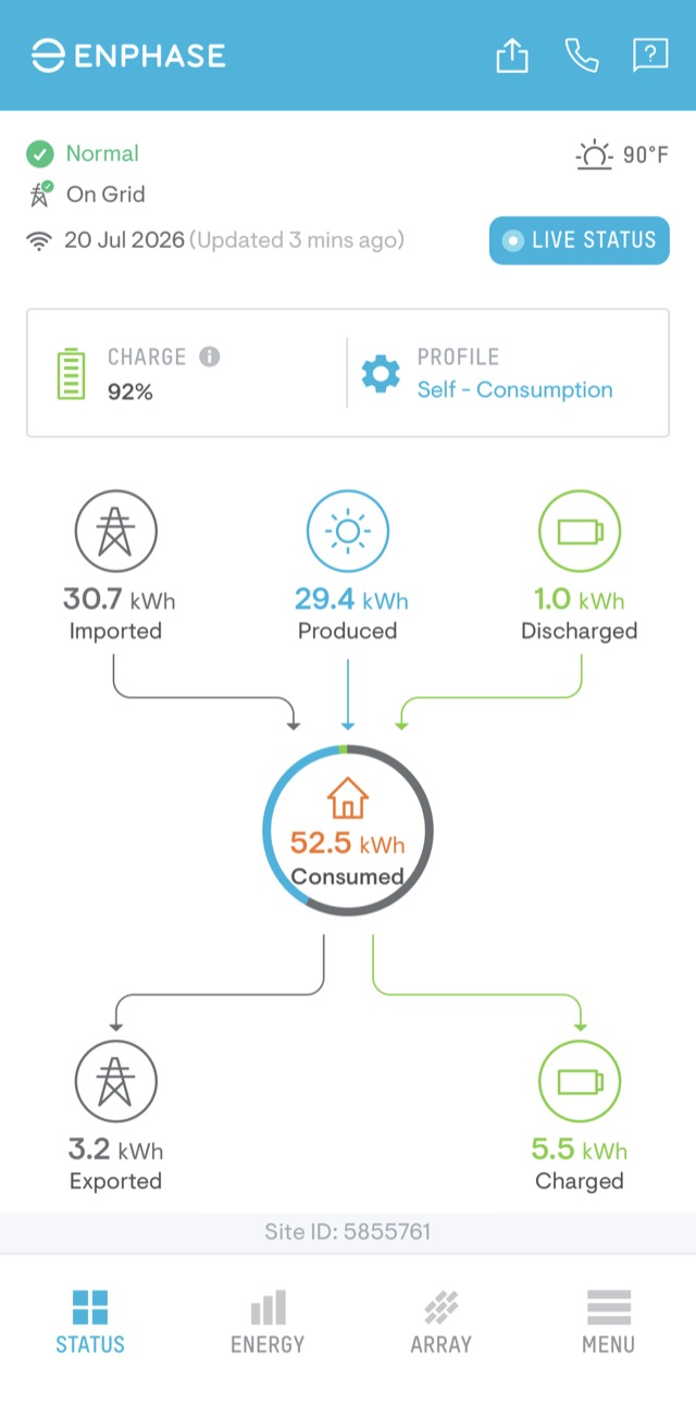 Enphase app status screen showing a healthy system and the day’s energy summary