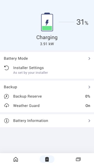 mySolarEdge battery screen showing charge level, backup reserve, and Weather Guard