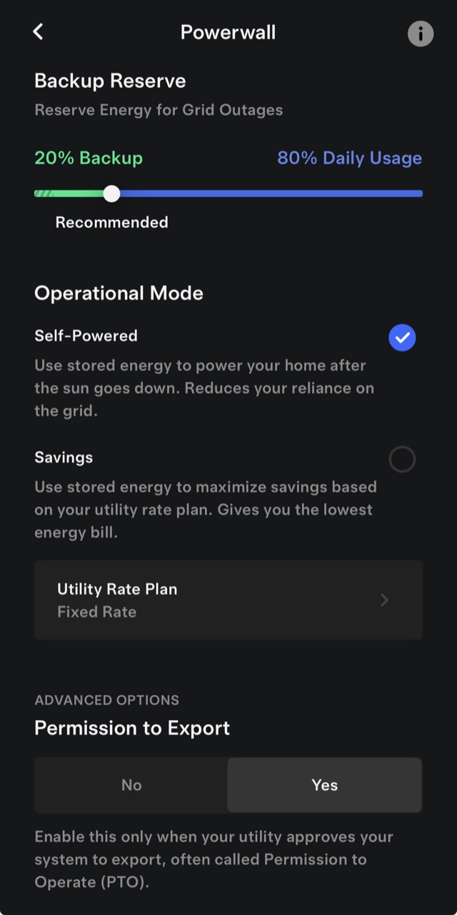 Tesla app backup reserve setting showing the split between backup and daily usage