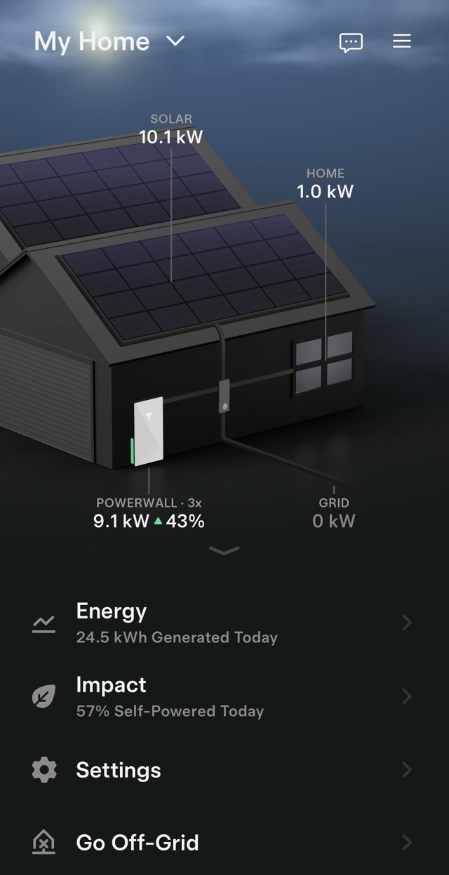 Tesla app home screen showing live energy flow between solar, home, Powerwall, and grid
