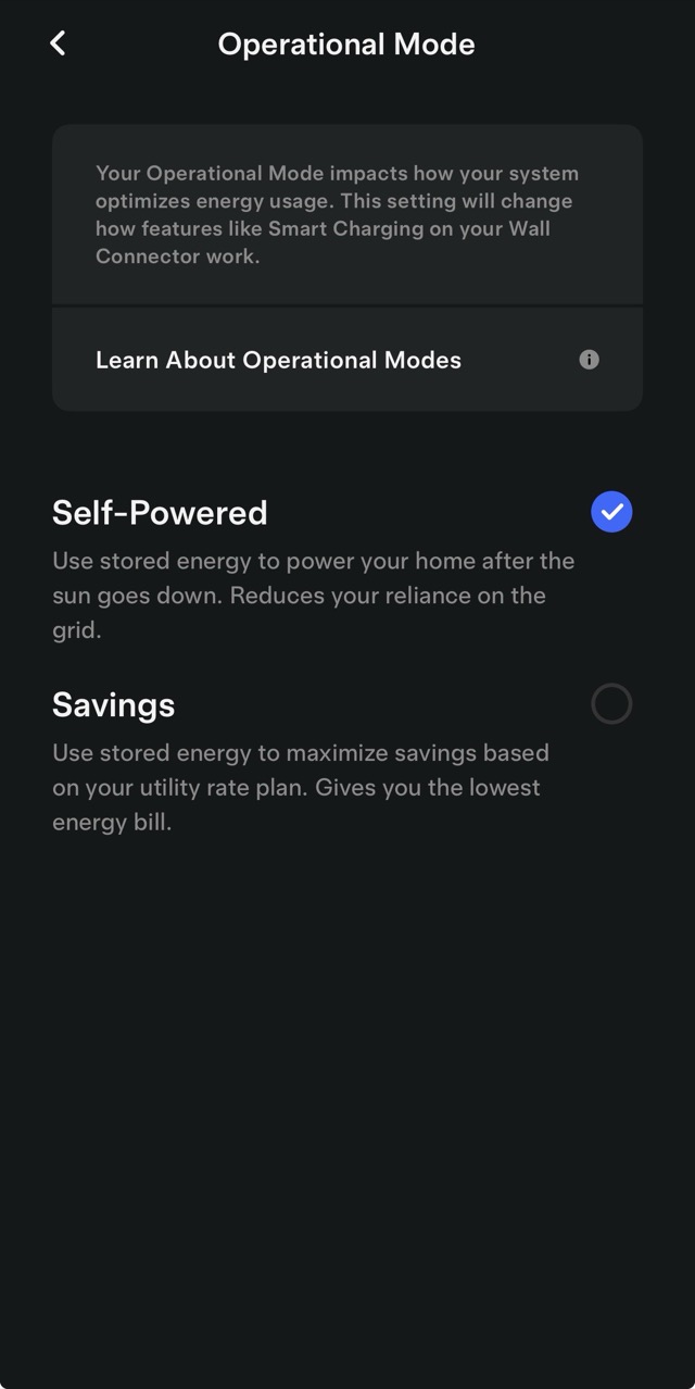 Tesla app operational mode screen with Self-Powered selected
