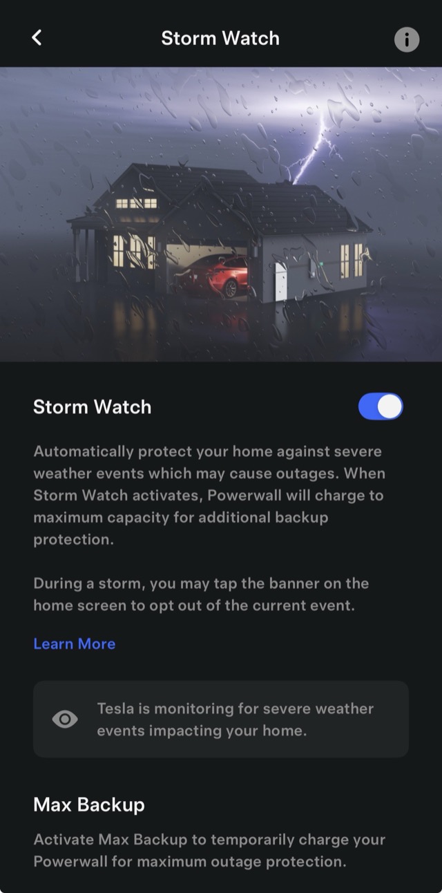 Tesla app Storm Watch screen with the feature enabled
